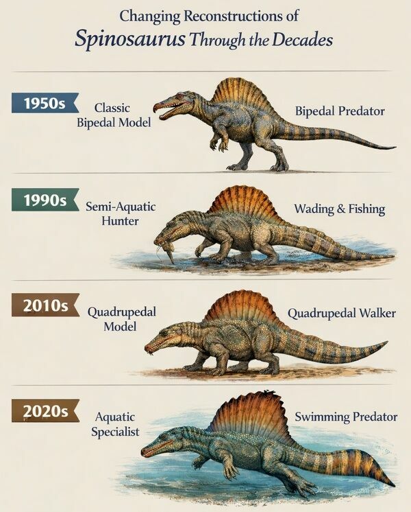 The evolving views of Spinosaurus over the decades.